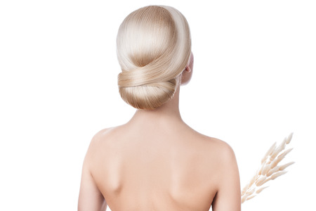 Girl blonde hairstyle rear view の写真素材