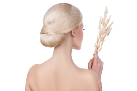 Girl blonde hairstyle rear view の写真素材