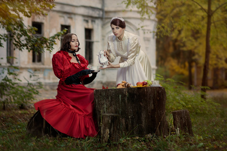 Girls in retro image gathered for a picnic one of them maid の写真素材