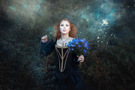 Sweet red-haired fairy in the woods.  In her hand she had a magic wand.
