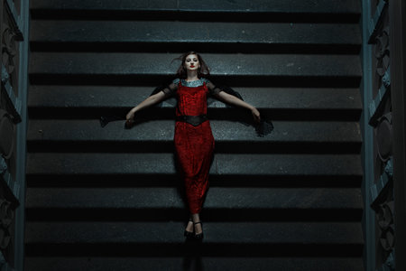 Gothic girl fell on the stairs at night. It is a strange and suggestive horror and fear.の写真素材