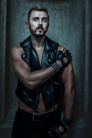 Portrait of a brutal man like the gangster in cold tones.の写真素材