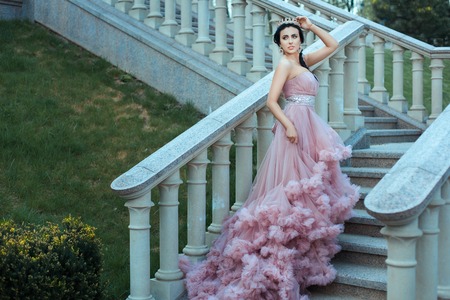 The young queen dressed in a delicate pink dress is walking up the stairs of the castle.の写真素材