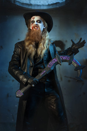 Man holds in his hand a sickle, he is an evil and terrible.