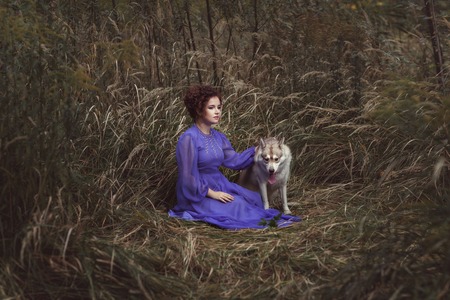Woman sitting in tall grass next to the evil wolf, they are friends.の写真素材