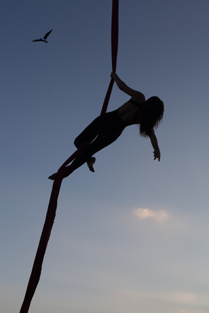 Female gymnast in the air on a hammock shows sporting tricks.の写真素材