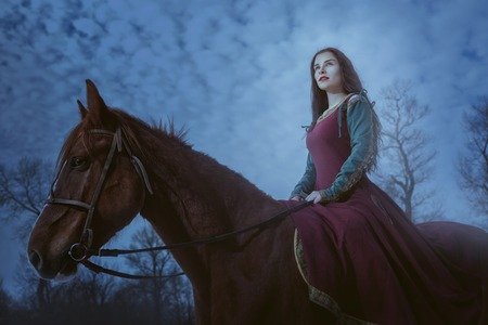 Magic woman on a horse in the style of dark.の写真素材