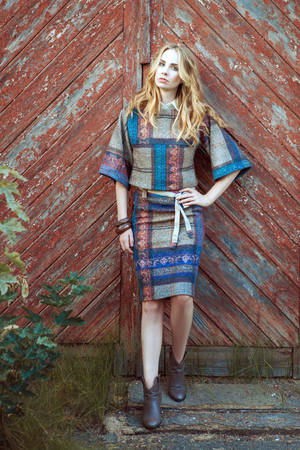 Portrait of a beautiful young woman dressed in the style of boho.の写真素材