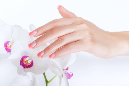 Beautiful female hand with manicure strokes magnolia flowers.の写真素材