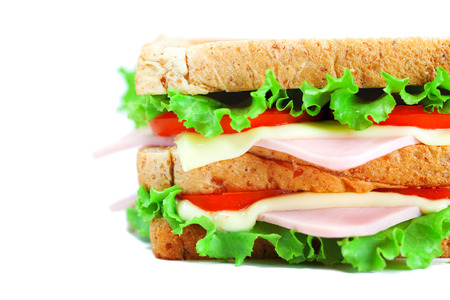 homemade ham sanwich close up on white backgroundの写真素材