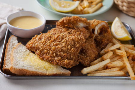 fish and chips with lemon,sauce on trayの写真素材