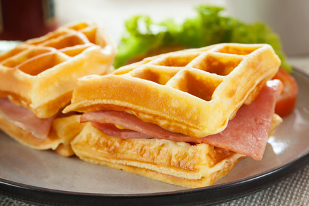 waffles ham cheese sandwich in plateの写真素材