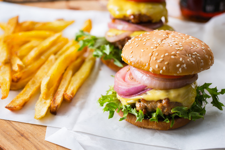 hamburger with cheese and french fries for launchの写真素材