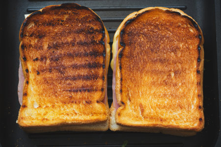 grilled panini ham cheese sandwich in pan