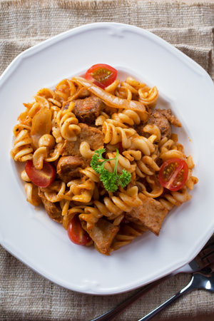 pasta Fusilli with sausage for mealの写真素材