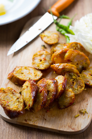 sliced thai herb and pork sausageの写真素材