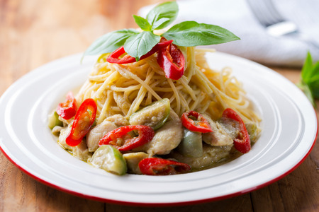 spaghetti spicy ckicen curry,thaifoodの写真素材