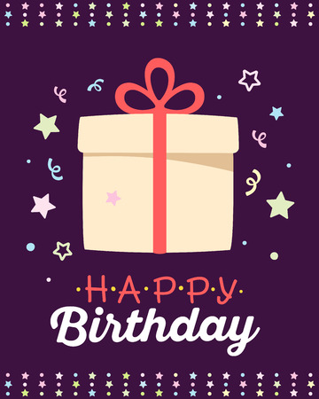 colorful illustration. Happy birthday template poster with gift box, red bow, text on white background with blue stars. Congratulation and celebration message. Flat style hand drawn design for greeting cardのイラスト素材