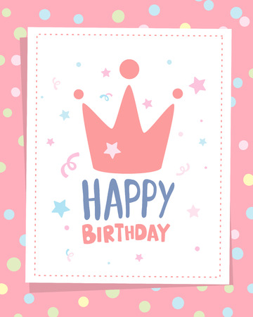 colorful illustration. Happy birthday template poster with pink crown, stars, text on bright dot background. Congratulation and celebration message. Flat style hand drawn design for greeting cardのイラスト素材