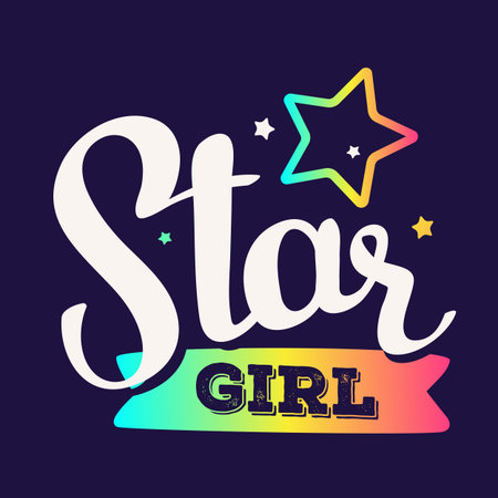 Handwritten vector lettering with stars and colorful ribbon on dark background. Calligraphic inscription. Hand drawn lettering print. Apparel, t-shirt, bag, sticker, poster, card designのイラスト素材