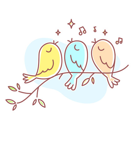 Vector spring illustration of three beautiful singing bird sitting on a branch with blue cloud. Flat line art style bird for print, web, site, gift card, romantic banner, greeting cardのイラスト素材