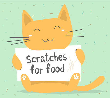 Vector illustration of ginger cartoon cat holding a sign with a funny inscription. Lovely happy kitten on green background. Simple geometric flat style design for poster, greeting card, print, tshirt, stickerのイラスト素材