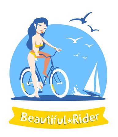 Vector illustration of beautiful happy smiling girl in swimsuit on a bicycle on beach background with blue sky, sea, sailing ship and gulls. Flat style color design for t-shirt, web, site, greeting card, posterのイラスト素材