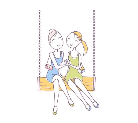 Vector illustration of beautiful happy two young girls in dress sitting together on white background. Hand drawn flat line art style color girls for t-shirt print, web, site, greeting card, posterのイラスト素材