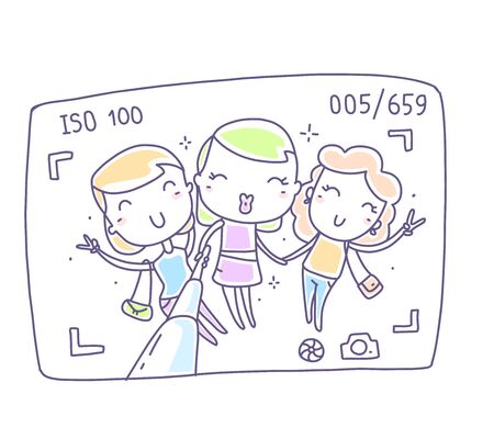 Vector illustration of happy women in camera frame. Girlfriends make selfie on the phone with stick. Hand drawn flat line art style young girl for web, site, banner, greeting cardのイラスト素材