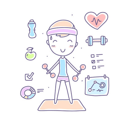 Vector illustration of happy sport woman with dumbbells with elements of activity. Fitness concept. Hand drawn flat line art style young girl for web, site, bannerのイラスト素材