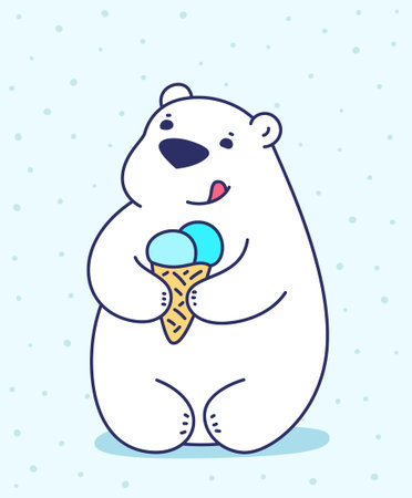 Happy little cute bear holding ice cream horn. Vector illustration of lovely cartoon white sitting bear on light background with snow. Line art doodle style hand drawn design for greeting cardのイラスト素材