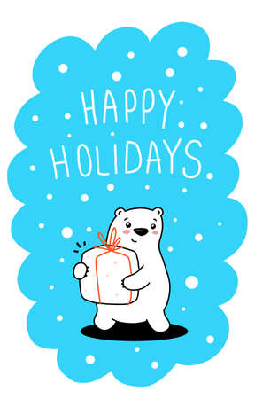 Vector illustration of lovely cartoon white bear with present on blue background with snow, text, frame. Happy little cute bear. Line art doodle style hand drawn design for greeting card, bannerのイラスト素材