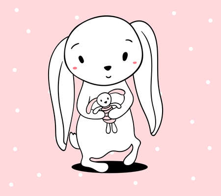 Vector illustration of lovely cartoon white rabbit holding a toy on pink background with dot. Happy little cute hare. Line art style hand drawn design of bunny for greeting cardのイラスト素材