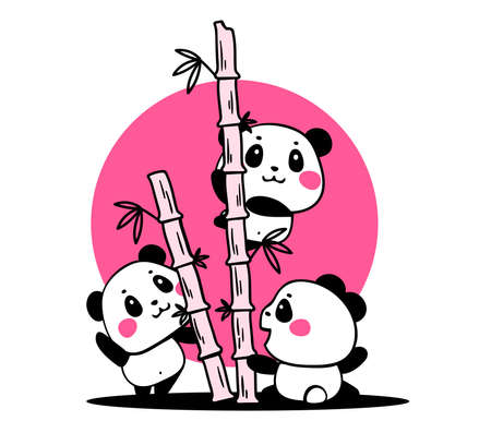 Vector illustration of lovely cartoon pandas eat bamboo branches on white background. Happy cute pandas. Flat line art style design for poster, greeting card, print, tshirt, stickerのイラスト素材