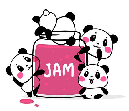 Vector illustration of many lovely cartoon pandas with big pink jam jar on white background. Happy cute pandas want to eat fruit jam. Flat line art style design for poster, greeting card, print, tshirt, stickerのイラスト素材