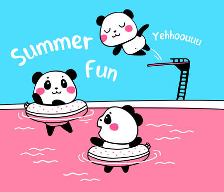 Vector illustration of lovely cartoon pandas swim in the pool with a springboard. Happy little cute panda in swimming circles. Flat line art style hand drawn design of active rest for poster, tshirt, greeting card, print, stickerのイラスト素材