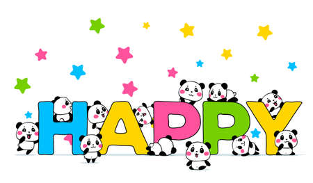 Vector illustration of lovely cartoon many panda with a big bright word on white background with star. Happy little cute panda. Flat line art style hand drawn design for poster, greeting card, tshirt, print, stickerのイラスト素材