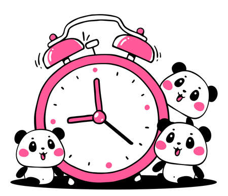 Vector illustration of lovely cartoon panda sit near a big alarm clock on white background. Happy little cute panda. Flat line art style hand drawn design for poster, greeting card, tshirt, print, stickerのイラスト素材