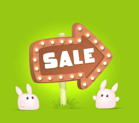 Vector illustration of lovely cartoon bunny with big arrow pointer sale on green grass background. Day of sale and happy cute rabbits. Design for poster, card, web, banner, printのイラスト素材