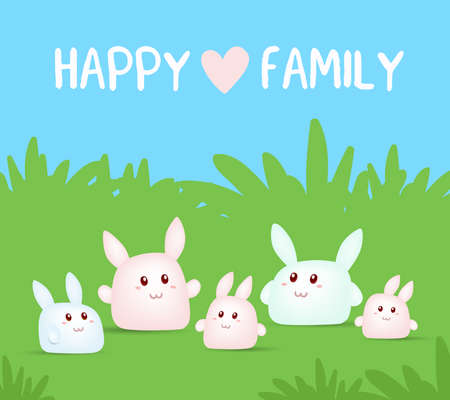Vector illustration of lovely cartoon family bunny on green grass background. Happy cute rabbits together. Design for poster, greeting card, web, banner, printのイラスト素材