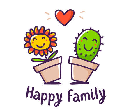Vector color illustration of cartoon floral family. Lovely happy flower and cactus with red heart and text on white background. Doodle line art style design for card, web, site, printのイラスト素材