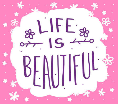 Lovely message in white frame on pink background. Vector illustration with many beautiful simple flower and text. Doodle flat style design for card, web, site, printのイラスト素材