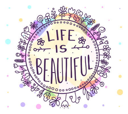 Vector color illustration of beautiful floral wreath with many simple flower and text. Lovely message in circle frame on white background. Doodle line art style design for card, web, site, printのイラスト素材