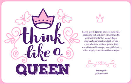 Vector beautiful card template with pink color calligraphic inscription, crown, butterfly, curls, text on white background. Handwritten greeting lettering. Hand drawn design for greeting card, invitation, gift printのイラスト素材