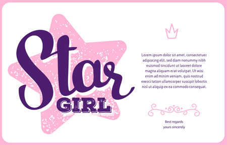 Vector cute card template with big pink color star and calligraphic inscription, text on white background with frame. Handwritten greeting lettering. Hand drawn design for greeting card, invitation, gift printのイラスト素材