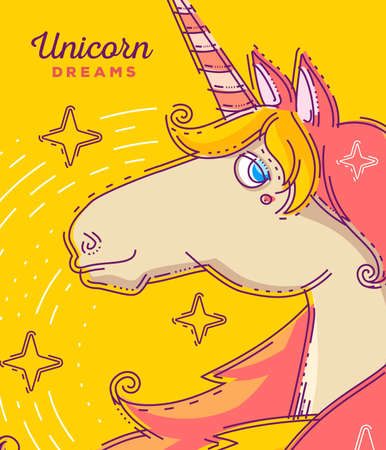Vector illustration of close up head of magic beautiful unicorn with wind hair and pink horn on yellow background with stars. Thin flat line art cartoon design to make unicorn party poster, invitation, greeting card, postcard, placardのイラスト素材
