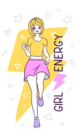 Vector illustration of a energy running girl in a skirt with text on white background. Hand drawn flat line art style design of model girl for web, site, card, posterのイラスト素材