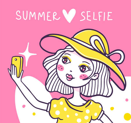 Vector close up illustration of a romantic girl in a hat taking selfie on the phone on pink background with heart. Hand drawn flat line art style design of beautiful girl for web, site, card, posterのイラスト素材