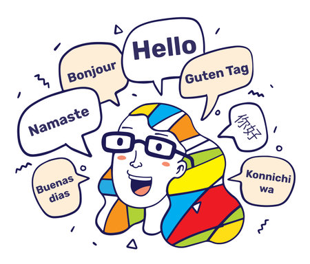 Vector illustration of girl portrait with colorful hair and many speech bubble with word hello in...