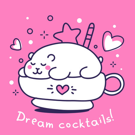 Vector illustration of a cute sleeping white polar bear in cup on pink background. Hand drawn flat line art style design with star, heart, text for web, site, greeting card, invitation, bannerのイラスト素材